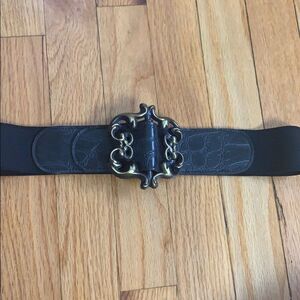 Vintage Black Elastic Belt With Rustic Gold Buckle